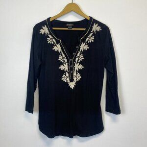 Lucky Brand Black Embroidered V Neck Top